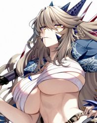 Rule 34 | 1girl, artoria pendragon (fate), artoria pendragon (lancer alter) (fate), belt, blonde hair, breasts, cleavage, cluseller, collared shirt, commission, fate/grand order, fate (series), hair between eyes, horns, jewelry, large breasts, long hair, looking at viewer, necklace, sarashi, shirt, skeb commission, solo, weapon, white background