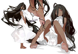 1girl absurdly_long_hair alternate_hair_color alternate_skin_color artist_name barefoot black_hair blush center_frills commentary dark-skinned_female dark_skin dorsiflexion dress english_commentary english_text feet foot_focus frills frown full_body hair_between_eyes hair_between_toes highres knees_together_feet_apart knees_up legs long_hair looking_at_viewer multiple_views sense_(sousou_no_frieren) signature simple_background sitting sleeveless sleeveless_dress soles sousou_no_frieren standing sydus tareme thighs toenails toes twitter_username very_long_hair white_background white_dress