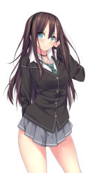 Rule 34 | 1girl, black hairband, bonkiru, breasts, brown hair, buttons, cardigan, choker, commentary request, green eyes, hairband, hand on own head, idolmaster, idolmaster cinderella girls, jewelry, large breasts, long hair, long sleeves, looking at viewer, loose necktie, necktie, pendant, photoshop (medium), pleated skirt, school uniform, shibuya rin, shirt, simple background, skirt, solo, standing, white background, white shirt