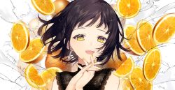 Rule 34 | 1girl, :d, black dress, black hair, commentary request, dress, earrings, fingernails, food, fruit, hands up, highres, interlocked fingers, jewelry, looking at viewer, nail polish, open mouth, orange (fruit), orange slice, original, sleeveless, sleeveless dress, smile, sogawa, solo, teeth, upper body, upper teeth only, water, white background, yellow eyes, yellow nails