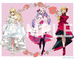 Rule 34 | 3girls, :d, ahoge, alternate costume, anemone (flower), ankle boots, ankle ribbon, ankle strap, aqua eyes, armlet, black pantyhose, black ribbon, blonde hair, boots, border, braid, copyright notice, detached sleeves, dress, dress flower, drill hair, drill sidelocks, evening gown, floral background, flower, full body, gloves, gold trim, gown, hair between eyes, hair flower, hair ornament, hair ribbon, halter dress, halterneck, hand on own arm, hand on own chest, hand up, high-low skirt, high heels, holding, holding money, hyakumantenbara salome, juliet sleeves, lace, lace-trimmed dress, lace-trimmed sleeves, lace trim, leg ribbon, leg up, long dress, long hair, long sleeves, looking at viewer, medium dress, money, multiple girls, nail polish, nijisanji, off-shoulder dress, off shoulder, official art, open mouth, outside border, pantyhose, parted bangs, pink background, pink dress, pink eyes, pink flower, pink footwear, pink gloves, pink rose, puffy sleeves, pumps, purple hair, purple nails, red dress, red eyes, red flower, red rose, ribbon, rokumeikan kiriko, rose, sample watermark, short sleeves, sidelocks, skirt hold, sleeves past wrists, smile, standing, strapless, strapless dress, takamiya rion, tatsuta age, twin braids, virtual youtuber, waist ribbon, watermark, white border, white dress, white flower, white footwear, white rose