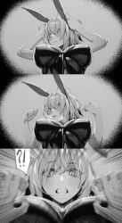 Rule 34 | !?, 1boy, 1girl, animal ears, blush, breasts, fake animal ears, fate/grand order, fate (series), fujimaru ritsuka (male), greyscale, highres, hxd, jeanne d&#039;arc alter (fate), large breasts, leotard, monochrome, playboy bunny, pov, rabbit ears, solo focus