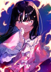 Rule 34 | 1girl, black hair, blue background, bow, fire, hand up, highres, houraisan kaguya, long hair, long sleeves, nemachi, pink shirt, red skirt, shirt, skirt, sleeves past fingers, sleeves past wrists, solo, touhou, upper body, white bow
