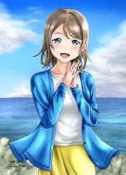 Rule 34 | 1girl, aqua jacket, artist name, artist request, blue eyes, blue sky, blush, cloud, collarbone, collared jacket, day, female focus, grey hair, highres, jacket, light brown hair, looking at viewer, love live!, love live! sunshine!!, lure (rua7 mng), outdoors, own hands together, pants, parted lips, short hair, short shorts, shorts, sky, smile, solo, watanabe you, white jacket, yellow pants, yellow shorts