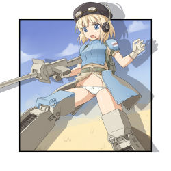 Rule 34 | 1girl, armor, bad id, bad pixiv id, beret, blonde hair, blue eyes, boko (maniacpurple), cecilia glinda miles, gloves, goggles, goggles on head, gun, hat, headphones, highres, komakedara, mecha musume, panties, solo, strike witches, underwear, uniform, weapon, white panties, witches of africa, world witches series