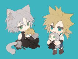 Rule 34 | 2boys, aged down, animal ears, armor, black footwear, black gloves, black pants, blonde hair, blue background, boots, brown footwear, chibi, chibi only, cloud strife, final fantasy, final fantasy vii, final fantasy vii ever crisis, gloves, green eyes, grey hair, happy, highres, holding, holding stuffed toy, hugging doll, hugging object, low ponytail, male focus, maomaoyu, multiple boys, open mouth, pants, sephiroth, shirt, short hair, shorts, sleeveless, sleeveless turtleneck, smile, spiked hair, stuffed toy, tail, teeth, turtleneck, upper teeth only, white shirt