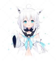 Rule 34 | 1girl, :o, aged down, ahoge, animal ear fluff, animal ears, blue neckwear, blush, braid, commentary request, cropped torso, detached sleeves, deyui, drawstring, fox ears, green eyes, hair between eyes, highres, hololive, hood, hood down, long hair, long sleeves, looking at viewer, navel, parted lips, shirakami fubuki, shirakami fubuki (1st costume), single braid, sleeves past fingers, sleeves past wrists, solo, teeth, upper body, upper teeth only, very long hair, virtual youtuber, white background, white hair, white sleeves, wide sleeves