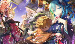 Rule 34 | 4girls, ^ ^, absurdres, ahoge, animal ears, ball, bare shoulders, bell, black scarf, blonde hair, blue eyes, blue hair, blue kimono, blue sky, blurry, breasts, brown kimono, card, cherry blossoms, chestnut mouth, closed eyes, closed mouth, cloud, colored eyelashes, colored tips, commentary request, dark-skinned female, dark skin, day, depth of field, falling petals, floral print, flower, fox ears, fur-trimmed kimono, fur collar, fur trim, gradient sky, green kimono, hair between eyes, hair flower, hair ornament, half-closed eyes, highres, holding, holding ball, holding umbrella, hug, japanese clothes, jingle bell, kanzashi, kimono, large breasts, leaning on person, light particles, light rays, long hair, long sleeves, looking at viewer, looking back, multicolored hair, multiple girls, nengajou, new year, obi, off shoulder, oil-paper umbrella, open mouth, orange kimono, original, outdoors, petals, pink flower, print kimono, purple sky, rabbit ears, red kimono, red ribbon, ribbon, rose print, sash, scarf, shade, sidelocks, sky, smile, standing, straight hair, sunlight, tassel, temari ball, thick eyebrows, tree, tsurime, twintails, umbrella, white flower, white hair, wide sleeves, wind, wristband, yellow eyes, zelitto
