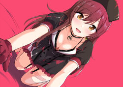 Rule 34 | 1girl, all fours, bikini, black bikini, black dress, black hat, blush, breasts, brown hair, cleavage, collarbone, dot nose, dress, earrings, gloves, hair ornament, hairclip, hat, heart, heart earrings, idolmaster, idolmaster shiny colors, jewelry, long hair, looking at viewer, marugoshi (54burger), medium breasts, open mouth, osaki amana, pink background, pink thighhighs, print dress, red gloves, red hair, short sleeves, simple background, smile, solo, swept bangs, swimsuit, thighhighs, torn clothes, torn thighhighs, yellow eyes