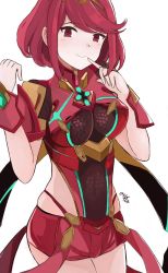 Rule 34 | 1girl, armor, breasts, covered navel, female focus, fingerless gloves, gloves, highres, kgctcg, large breasts, looking at viewer, matching hair/eyes, nintendo, pyra (xenoblade), red eyes, red hair, red shorts, short hair, short shorts, shorts, shoulder armor, smile, solo, swept bangs, white background, xenoblade chronicles (series), xenoblade chronicles 2
