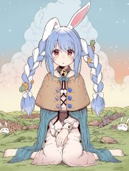 Rule 34 | 1girl, :o, animal ear fluff, animal ears, barefoot, blue cape, blue hair, blush, bow, braid, brown capelet, brown corset, cape, capelet, capri pants, carrot hair ornament, cloud, cloudy sky, commentary request, corset, cross-laced clothes, ear down, eighth note, feet, field, food-themed hair ornament, full body, gradient sky, grass, hair between eyes, hair bow, hair ornament, highres, hololive, long hair, long sleeves, looking at viewer, multicolored hair, musical note, pekomon (usada pekora), outdoors, pants, parted bangs, parted lips, plant, pom pom (clothes), rabbit-shaped pupils, rabbit ears, red eyes, rock, short eyebrows, sidelocks, sitting, sky, star (sky), streaked hair, sunset, symbol-shaped pupils, thick eyebrows, toenails, toes, twilight, twin braids, two-tone hair, usada pekora, virtual youtuber, wariza, white bow, white hair, white pants, yurai0739