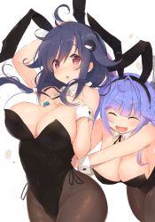 Rule 34 | 2girls, :d, :o, ^ ^, ahoge, animal ears, bare shoulders, black leotard, blue hair, blush, breasts, brown legwear, rabbit ears, chestnut mouth, closed eyes, collarbone, commentary request, closed eyes, fake animal ears, fang, floating hair, hair flaps, hair ornament, hair ribbon, hairband, hand up, highres, i-19 (kancolle), jewelry, kagerou (shadowmage), kantai collection, large breasts, leotard, long hair, looking at viewer, low twintails, multiple girls, necklace, open mouth, pantyhose, playboy bunny, purple hair, red eyes, ribbon, simple background, skin fang, smile, taigei (kancolle), tri tails, twintails, white background, wrist cuffs