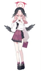 Rule 34 | 1girl, alternate costume, black collar, black footwear, black hat, black wings, blue archive, blush, book, charm (object), collar, feathered wings, full body, halo, hat, highres, holding, holding book, koharu (blue archive), long sleeves, looking at viewer, off shoulder, pink eyes, pink hair, shoes, simple background, skirt, socks, solo, standing, suimz, sweat, sweater, twintails, white background, white sweater, wings