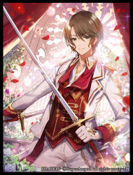 Rule 34 | 1boy, apple caramel, ascot, backlighting, black border, border, brown hair, commentary request, copyright name, copyright notice, diadein, dual wielding, epaulettes, flower, gloves, green eyes, highres, holding, holding sword, holding weapon, long sleeves, looking at viewer, male focus, official art, pants, petals, rapier, rose, shirt, smile, solo, standing, sword, undone ascot, weapon, white gloves, white pants
