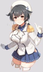 Rule 34 | 1girl, alternate costume, beret, black hair, blue skirt, blush, breasts, buttons, closed mouth, commentary request, cosplay, cowboy shot, epaulettes, gloves, hair flaps, hair ornament, hairclip, hat, highres, jacket, jingei (kancolle), kantai collection, kashima (kancolle), kashima (kancolle) (cosplay), large breasts, long hair, long sleeves, looking at viewer, low ponytail, military jacket, neckerchief, pleated skirt, pointing, senbei (senbe i), simple background, skindentation, skirt, smile, sweatdrop, thighhighs, white gloves, white neckerchief, white thighhighs