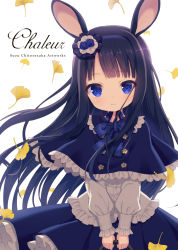 Rule 34 | 1girl, animal ears, black hair, blue capelet, blue eyes, blue hairband, blue ribbon, blue skirt, blunt bangs, capelet, chitosezaka suzu, closed mouth, commentary request, cowboy shot, falling leaves, flower, frilled shirt, frilled skirt, frilled sleeves, frills, hair flower, hair ornament, hairband, head tilt, holding, leaf, long hair, long sleeves, looking at viewer, neck ribbon, original, rabbit ears, ribbon, shirt, simple background, skirt, smile, solo, standing, tareme, v arms, white background, white shirt