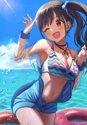 Rule 34 | 1girl, absurdres, bikini, bikini top only, blue bow, blue jacket, bow, breasts, brown hair, cleavage, cloud, day, hair bow, highres, horizon, idolmaster, idolmaster shiny colors, jacket, long hair, medium breasts, multicolored clothes, navel, ocean, one eye closed, open mouth, osoba susurukun, outdoors, red eyes, see-through, see-through sleeves, side ponytail, smile, solo, sonoda chiyoko, stomach, summer, sun, swimsuit, unzipped, wet, white bikini