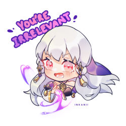 Rule 34 | 1girl, artist name, bare shoulders, chibi, cropped torso, english text, fire emblem, fire emblem: three houses, inkanii, long hair, long sleeves, lysithea von ordelia, magic, nintendo, open mouth, pink eyes, simple background, solo, white background, white hair
