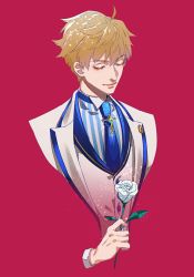 Rule 34 | 1boy, ahoge, arthur pendragon (fate), arthur pendragon (white rose) (fate), blonde hair, blue flower, blue necktie, blue rose, closed eyes, closed mouth, commentary request, cross, fate/prototype, fate (series), flower, highres, holding, holding flower, jacket, light smile, male focus, necktie, portrait, red background, rose, shirt, simple background, solo, striped clothes, striped shirt, tenobe, upper body, vertical-striped clothes, vertical-striped shirt, white jacket