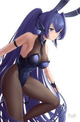 Rule 34 | 1girl, :3, animal ears, arm strap, azur lane, blue eyes, blue hair, blue leotard, bodystocking, breasts, fake animal ears, from side, high ponytail, highres, large breasts, leotard, long hair, looking at viewer, new jersey (azur lane), new jersey (exhilarating steps!) (azur lane), official alternate costume, oversized breast cup, playboy bunny, rabbit ears, simple background, solo, strapless, strapless leotard, tofi, very long hair, white background