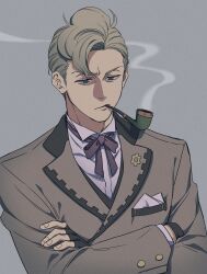 Rule 34 | 1boy, ace attorney, aged down, blonde hair, blue eyes, brown jacket, closed mouth, collared shirt, commentary request, crossed arms, fingerless gloves, gloves, grey background, herlock sholmes, highres, jacket, long sleeves, looking down, male focus, neck ribbon, pink ribbon, pink shirt, ribbon, shirt, short hair, simple background, smoke, smoking, smoking pipe, solo, the great ace attorney, tuzuriya, upper body