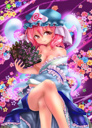 Rule 34 | 1girl, breasts, cleavage, hand fan, female focus, folding fan, ghost, hat, japanese clothes, crossed legs, nagare, pink hair, red eyes, saigyouji yuyuko, short hair, sitting, solo, touhou