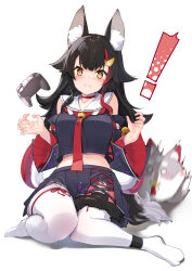 Rule 34 | !, 1girl, @ @, absurdres, animal ear fluff, animal ears, black hair, black skirt, blush, breasts, choker, closed mouth, clothing cutout, collar, collarbone, commentary request, controller, cropped shirt, crying, crying with eyes open, eyelashes, full body, fur trim, game controller, hair ornament, hands up, highres, hololive, knees together feet apart, legs, long hair, long sleeves, looking at viewer, medium breasts, midriff, miofa (ookami mio), motion blur, multicolored hair, necktie, no shoes, ookami mio, ookami mio (1st costume), pleated skirt, red choker, red hair, red necktie, shoulder cutout, simple background, sitting, skirt, solo, streaked hair, tail, tears, thighhighs, thighs, virtual youtuber, wariza, white background, white collar, white thighhighs, wide sleeves, wolf ears, wolf girl, wolf tail, yuuzuki (re&#039;ef)