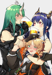 Rule 34 | 3girls, absurdres, alcohol, arknights, arm ribbon, arm scarf, bare shoulders, black gloves, black headwear, black jacket, black shirt, blonde hair, blue hair, blush, censored, censored gesture, ch&#039;en (arknights), collared shirt, commentary request, cup, dpea9, dragon horns, drill hair, drill sidelocks, drinking, drunk, gloves, green eyes, green hair, grey background, hair between eyes, highres, horns, hoshiguma (arknights), jacket, long hair, low tied hair, middle finger, mosaic censoring, multiple girls, open mouth, red eyes, ribbon, saliva, shirt, side drill, sidelocks, single horn, skin-covered horns, squeans, swire (arknights), white shirt
