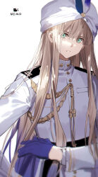 Rule 34 | 1boy, aiguillette, blue gloves, bsq, buttons, captain nemo (fate), character name, fate/grand order, fate (series), gloves, green eyes, hair between eyes, hat feather, highres, jacket, long hair, long sleeves, looking at viewer, male focus, military, military uniform, naval uniform, nemo (fate), noah (fate), sidelocks, simple background, solo, turban, uniform, upper body, very long hair, white background, white headwear, white jacket