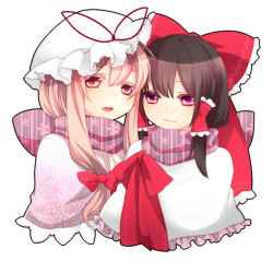 Rule 34 | 2girls, bad id, bad pixiv id, blonde hair, brown hair, capelet, female focus, forehead-to-forehead, hair ribbon, hair tubes, hakurei reimu, hat, heads together, long hair, multiple girls, open mouth, perfect cherry blossom, pink eyes, red eyes, ribbon, scarf, shared clothes, shared scarf, simple background, smile, touhou, unmoving pattern, upper body, yakumo yukari, yuri, yutazou
