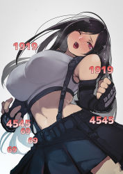 Rule 34 | 1girl, arm guards, black hair, black skirt, blush, breasts, brown eyes, clenched hand, crop top, damage numbers, elbow gloves, covered erect nipples, final fantasy, final fantasy vii, final fantasy vii remake, fingerless gloves, gloves, head tilt, hyocorou, long hair, midriff, navel, one eye closed, pain, pleated skirt, skirt, solo, tank top, tifa lockhart, toned