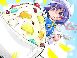 Rule 34 | 1girl, :p, blue eyes, blue hair, blush, bowl, cherry, dutch angle, emphasis lines, food, fruit, gradient background, hat, heart, high collar, holding, ice cream, letty whiterock, long sleeves, matching hair/eyes, open mouth, pin, pineapple, purple eyes, shinapuu, short hair, smile, solo, spoon, tongue, tongue out, touhou