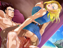 Rule 34 | 1boy, 1girl, android 18, ass, beach, black hair, blonde hair, blue eyes, blush, bouncing breasts, breasts, censored, cowgirl position, dragon ball, dragonball z, girl on top, hetero, highres, jacket, large breasts, legs, looking away, lying, nipples, no panties, ocean, open clothes, pantyhose, penis, pussy, sex, short hair, sitting, sitting on person, skirt, straddling, thighs, tongue, tongue out, torn clothes, torn legwear, vaginal, vegeta, water
