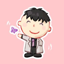 Rule 34 | 1boy, ^ ^, belt, black belt, black footwear, black hair, black pants, black shirt, blush stickers, bug, butterfly, chibi, chinese commentary, closed eyes, closed mouth, coat, coattails, collared coat, collared shirt, commentary request, hand in pocket, happy, highres, insect, lab coat, layered sleeves, long sleeves, love and producer, male focus, motion lines, necktie, open clothes, open coat, outline, outstretched arm, pants, pink background, purple butterfly, purple necktie, shirt, shoes, short hair, simple background, smile, solo, stmoryo, very short hair, white coat, white outline, xu mo