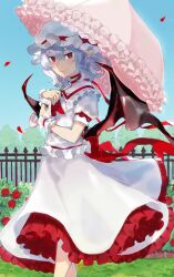 Rule 34 | 1girl, absurdres, aisutabetao, blush, bush, closed mouth, collared shirt, commentary request, commission, day, demon wings, falling petals, feet out of frame, fence, flower, frilled shirt collar, frilled skirt, frills, hair between eyes, hat, highres, holding, holding umbrella, iron fence, light purple hair, looking at viewer, medium hair, mob cap, outdoors, parasol, petals, pointy ears, puffy short sleeves, puffy sleeves, red eyes, red flower, red rose, remilia scarlet, rose, rose bush, shirt, short sleeves, skeb commission, skirt, skirt set, sky, smile, solo, touhou, umbrella, wavy hair, white hat, white shirt, white skirt, wings, wrist cuffs