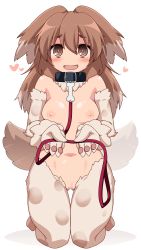 Rule 34 | 1girl, :d, absurdres, animal collar, animal ears, animal hands, belt, blush, body fur, breasts, brown eyes, brown hair, censored, collar, commission, completely nude, dog ears, dog girl, dog tail, floppy ears, full body, hair between eyes, happy, heart, highres, holding, holding leash, kasukenoura, kneeling, kobold (monster girl encyclopedia), leash, long hair, looking at viewer, medium breasts, midriff, monster girl, monster girl encyclopedia, mosaic censoring, multicolored hair, navel, nipples, nude, open mouth, pawpads, simple background, smile, solo, tail, tail wagging, thigh gap, white background