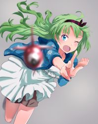 Rule 34 | 10s, 1girl, ahoge, aqua eyes, bad id, bad pixiv id, blurry, blush, commentary request, dart, depth of field, dress, green hair, hairband, highres, idolmaster, idolmaster million live!, long hair, looking at viewer, one eye closed, open mouth, run p (aveton), shimabara elena, smile, solo, white dress