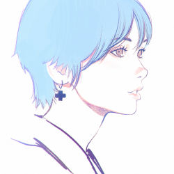 Rule 34 | +, 1girl, black eyes, blue hair, close-up, earrings, ilya kuvshinov, jewelry, lips, looking at viewer, original, parted lips, profile, short hair, solo, white background