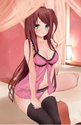 Rule 34 | 1girl, akabane youko, babydoll, bare arms, bare shoulders, bed, black thighhighs, breasts, canopy bed, cleavage, collarbone, crotch seam, ex idol, frown, green eyes, hair ornament, hair scrunchie, highres, indoors, lamp, lingerie, long hair, looking at viewer, medium breasts, navel, nijisanji, one side up, panties, pillow, pink panties, pink theme, red hair, scrunchie, sitting, solo, stomach, thighhighs, underwear, underwear only, very long hair, virtual youtuber