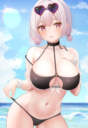 Rule 34 | 1girl, absurdres, azur lane, beach, bikini, black bikini, blush, breasts, ca paria, commentary request, crop top, cropped shirt, day, eyewear on head, front-tie top, hair between eyes, hand on own chest, hand up, heart, heart-shaped eyewear, highres, hip focus, large breasts, leaning to the side, looking at viewer, medium hair, navel, o-ring, o-ring bikini, o-ring top, ocean, off shoulder, outdoors, parted lips, pink eyes, red eyes, see-through, see-through shirt, shirt, single bare shoulder, sirius (azur lane), sirius (scorching-hot seirios) (azur lane), solo, standing, string pull, sunglasses, swimsuit, teasing, white hair, white shirt