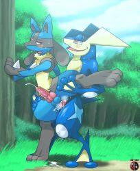 Rule 34 | 2boys, anal, blush, creatures (company), cum, cum in ass, ejaculating while penetrated, ejaculation, forest, furry, furry male, furry with furry, game freak, gen 4 pokemon, gen 6 pokemon, greninja, highres, kivwolf, lucario, male focus, multiple boys, nature, nintendo, non-web source, penis, pokemon, pokemon (creature), pokemon xy, sex, sweat, yaoi