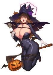 Rule 34 | 1girl, 9eep, absurdres, bat wings, belt, black dress, blush, breasts, broom, broom riding, brown hair, cape, cleavage, collar, cross, dress, flower, full body, green eyes, halloween, halloween costume, halo, hat, highres, jack-o&#039;-lantern, karuizawa mayumi, large breasts, leather strap, looking at viewer, moon, navel, open mouth, original, parody, purple flower, skull, sky, solo, tight clothes, tight dress, tongue, tongue out, white background, wings, witch hat