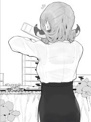 Rule 34 | 1girl, aru (blue archive), back, blue archive, bra, bralines, breasts, greyscale, horns, hoshiya takahito, long hair, long sleeves, miniature, monochrome, notice lines, see-through, shirt, simple background, skirt, solo, toy train, tree, underwear