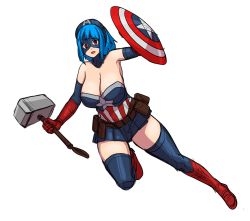 Rule 34 | 1girl, :o, adapted costume, avengers: endgame, avengers (series), blue hair, blue thighhighs, breasts, captain america, captain america (cosplay), captain america (series), cleavage, cosplay, erkaz, fourth of july, gloves, hammer, highres, huge breasts, marvel, marvel cinematic universe, mjolnir (marvel), open mouth, original, pouch, red eyes, red footwear, red gloves, rina atherina, shield, simple background, skirt, superhero costume, thighhighs, white background