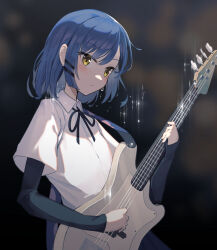 Rule 34 | 1girl, bass guitar, black ribbon, black skirt, black sleeves, blue hair, blurry, blurry background, blush, bocchi the rock!, closed mouth, commentary request, earrings, electric guitar, guitar, hair between eyes, hair ornament, hairclip, head tilt, highres, holding, holding instrument, instrument, jewelry, long sleeves, looking at object, medium hair, mole, mole under eye, music, neck ribbon, parted bangs, playing instrument, pleated shirt, rafrog, ribbon, shirt, short sleeves, sidelocks, skirt, solo, swept bangs, white shirt, wide sleeves, yamada ryo, yellow eyes