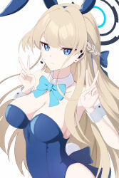 Rule 34 | 1girl, animal ears, blonde hair, blue archive, blue eyes, blue leotard, blue ribbon, bow, bowtie, braid, breasts, cleavage, commentary, detached collar, double v, earpiece, expressionless, fake animal ears, hair ribbon, halo, headset, highres, icedcf illust, leotard, long hair, looking at viewer, medium breasts, multicolored hair, playboy bunny, rabbit ears, ribbon, solo, streaked hair, toki (blue archive), toki (bunny) (blue archive), upper body, v, white background, wrist cuffs