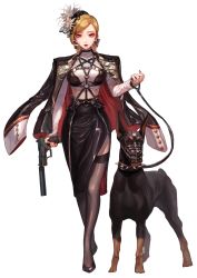 Rule 34 | 1girl, belt, black bow, black footwear, black skirt, black thighhighs, blonde hair, bow, box (hotpppink), buckle, collar, dobermann, dog, earrings, flower, full body, goth fashion, gun, hair bow, hair flower, hair ornament, handgun, highres, holding, holding gun, holding leash, holding weapon, jacket, jacket on shoulders, jewelry, leash, long hair, long skirt, long sleeves, looking at viewer, midriff, mole, mole under mouth, nail polish, original, pearl earrings, pentagram, red eyes, red lips, red nails, ring, shirt, shoes, side slit, simple background, skirt, smile, solo, spiked collar, spikes, standing, swept bangs, thighhighs, weapon, white background, white flower, white shirt