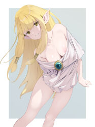 Rule 34 | 1girl, absurdres, bare shoulders, blonde hair, breasts, commentary request, covered erect nipples, earclip, hair tubes, highres, long hair, looking at viewer, medium breasts, off shoulder, parted lips, pointy ears, pussy, revealing clothes, robe, roq, serie (sousou no frieren), solo, sousou no frieren, uncensored, white robe, yellow eyes