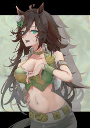 Rule 34 | 1girl, absurdres, ahoge, animal ears, arm strap, bare shoulders, black hair, breasts, cleavage, commentary, crop top, drop shadow, green eyes, green shirt, hair between eyes, hat, highres, horse ears, jacket, large breasts, long hair, looking at viewer, midriff, mini hat, mini top hat, mr. c.b. (umamusume), navel, open clothes, open jacket, open mouth, pants, sei (bigaa), shirt, solo, stomach, strapless, strapless shirt, tongue, tongue out, top hat, umamusume, very long hair, white hat, white jacket, white pants, wrist cuffs