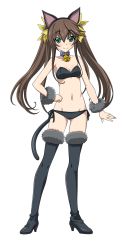 Rule 34 | 10s, 1girl, animal costume, animal ears, black bra, black footwear, black panties, black thighhighs, boots, bra, breasts, brown hair, cat costume, cat ears, cat tail, cleavage, full body, fur-trimmed boots, fur boots, fur trim, green eyes, hair ribbon, hand on own hip, highres, huang lingyin, infinite stratos, long hair, looking at viewer, navel, panties, ribbon, side-tie panties, small breasts, smile, solo, tail, thigh boots, thighhighs, transparent background, twintails, underwear, yellow ribbon